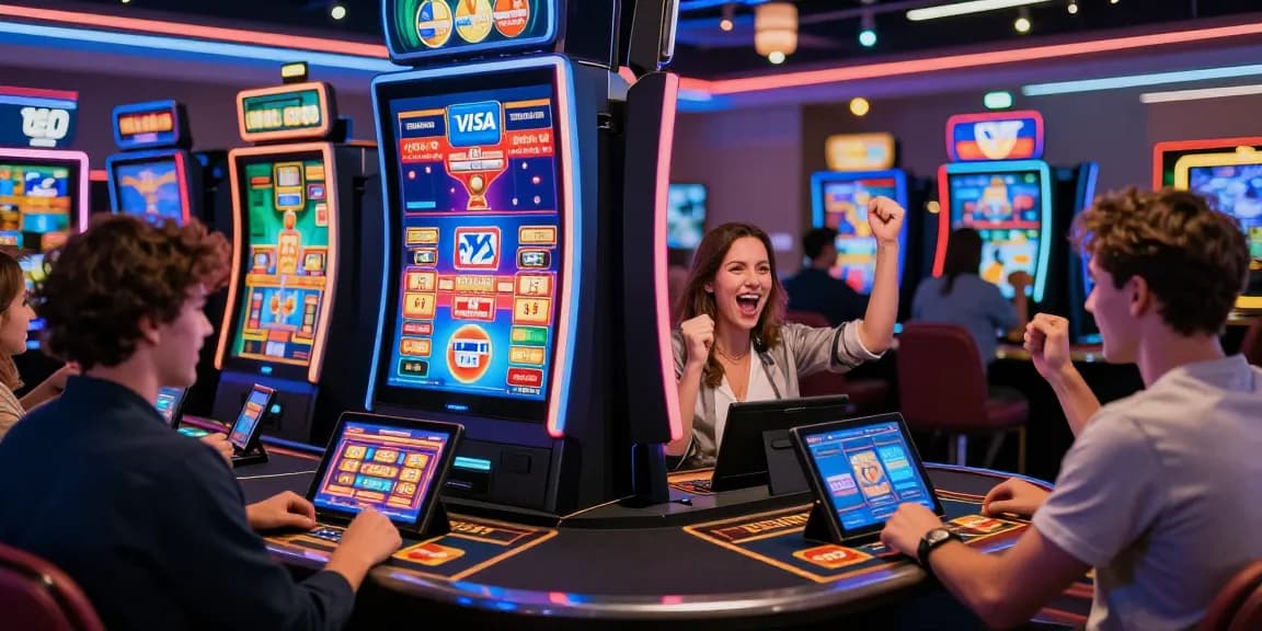 Exciting online credit card casino scene on https://jumpspace.org.uk depicting players engaged in gaming with vibrant slot graphics.