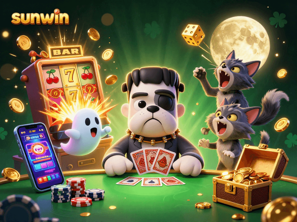 Experience thrilling wins at sunwin with a 3D illustration of a monster dealing cards amidst casino excitement.