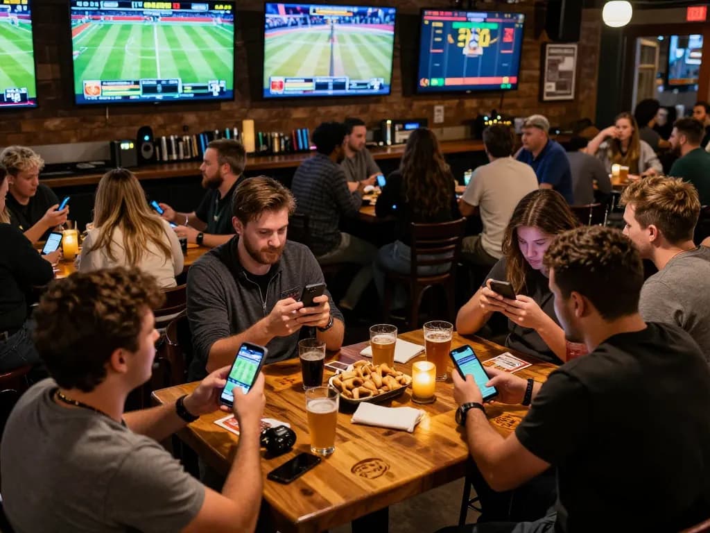 Onbet players engaging in thrilling sports betting at a lively bar with multiple screens