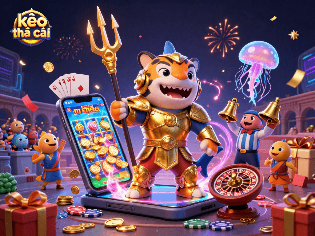 Catch engaging kèo nhà cái action in this vibrant 3D illustration showcasing a tiger shark and gambling elements.