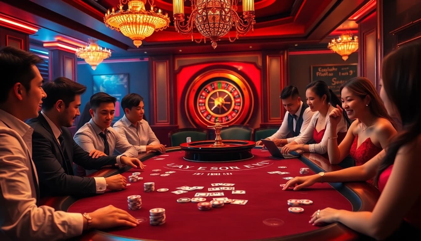 Exciting moment in Game bài Sunwin with players at a vibrant poker table in a luxurious casino.