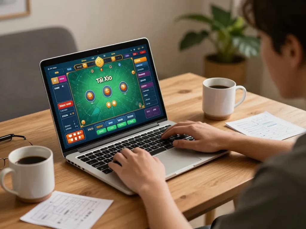 TaiXiuOnlineGo: Person engaging in Tài Xỉu online gameplay at cozy home setup, showcasing laptop interface.