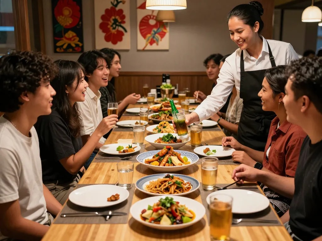 Friends enjoying dinner at RED88 with Asian fusion cuisine and vibrant atmosphere.