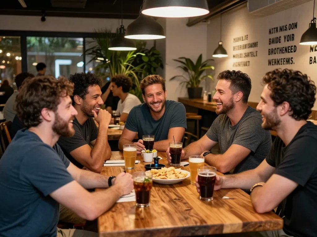 Men enjoying camaraderie in a supportive manclub atmosphere.