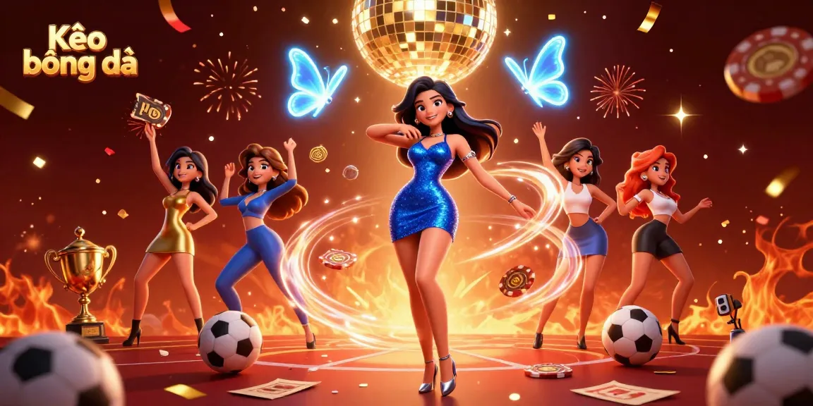Engage with Kèo bóng đá action as a glamorous woman dances in a vibrant casino scene full of sports betting elements.