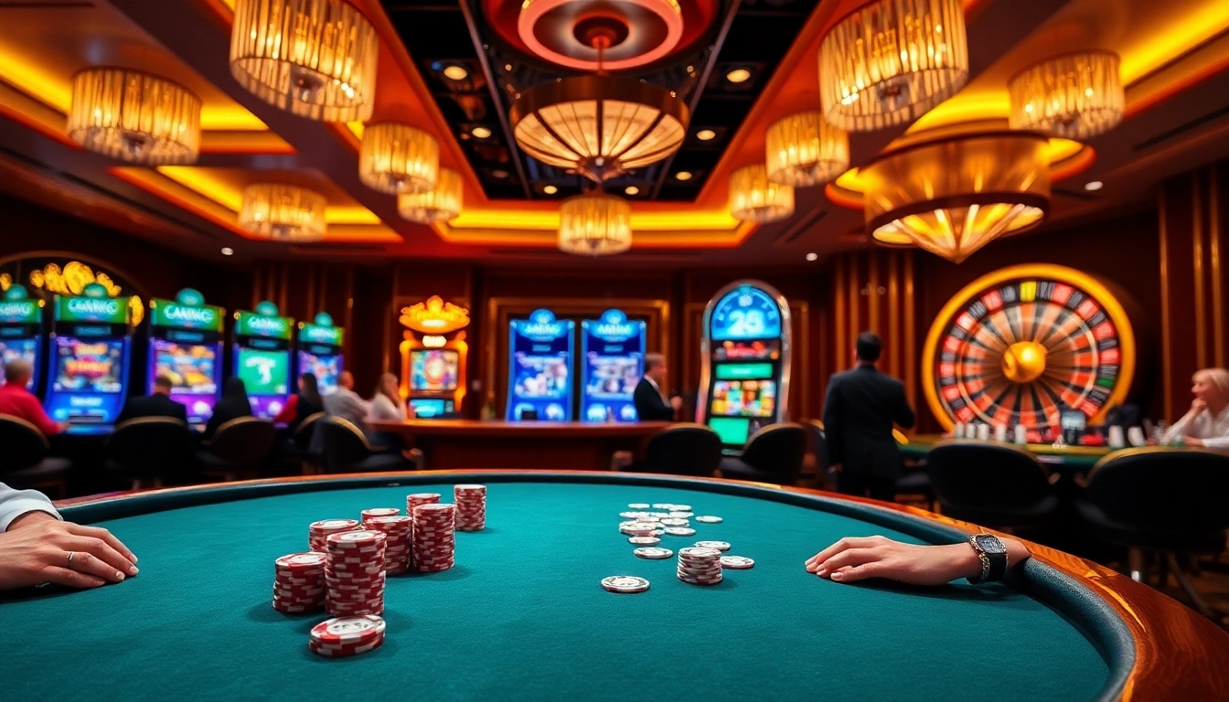 Players strategizing at a poker table in a luxury casino atmosphere featuring https://ok8386s.com/.