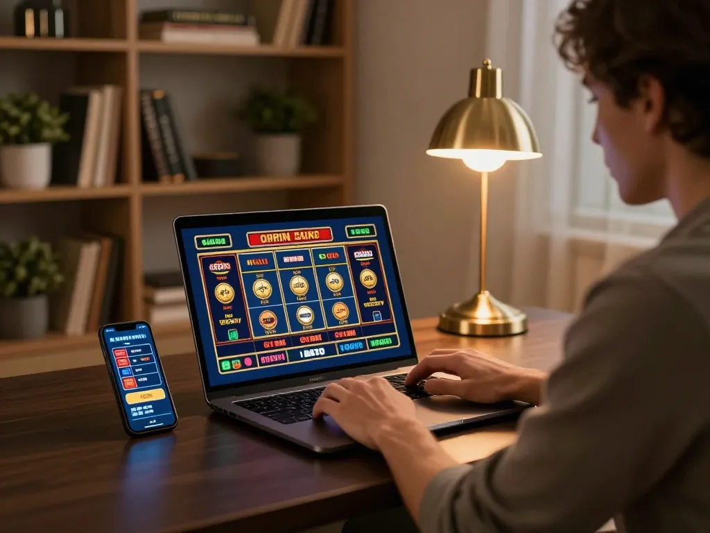 Player enjoying online slots at home using hay88x, showcasing vibrant gaming interface and cozy environment.