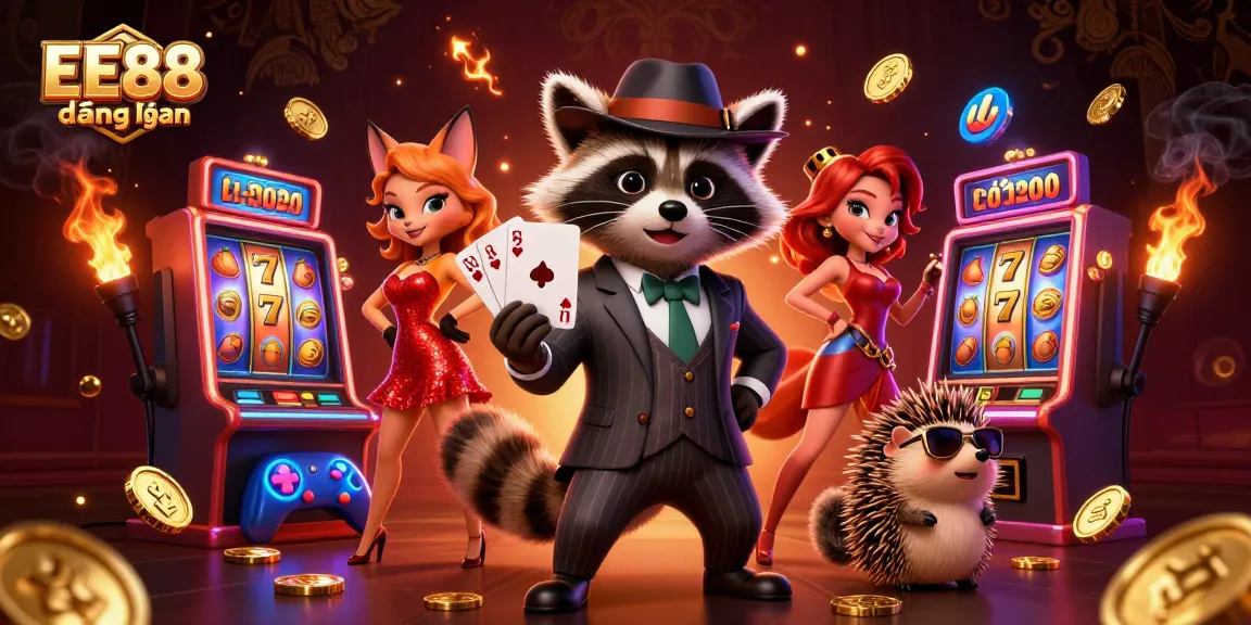 Engage in winning moments at EE88 đăng nhập with the raccoon and fox amidst colorful slot machines.