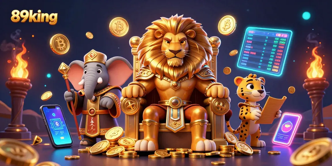 Experience the royal wealth of 89king in a vibrant casino environment with slot reels and glowing crypto elements.
