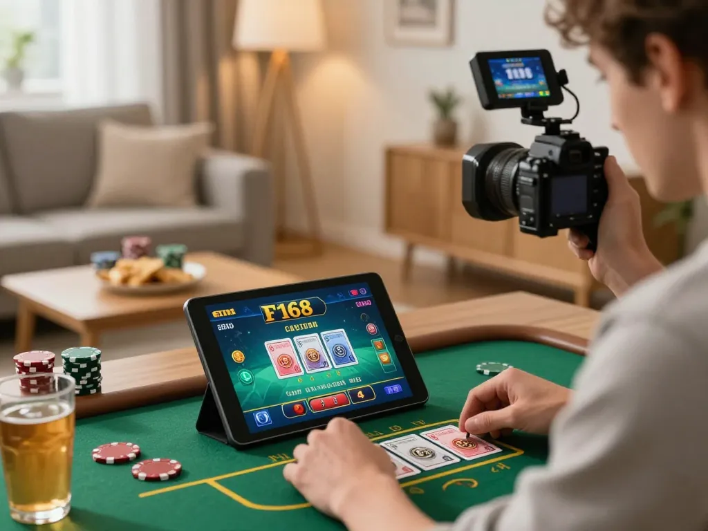 Engaging in F168 online casino game strategy on a tablet in a cozy living room setting.