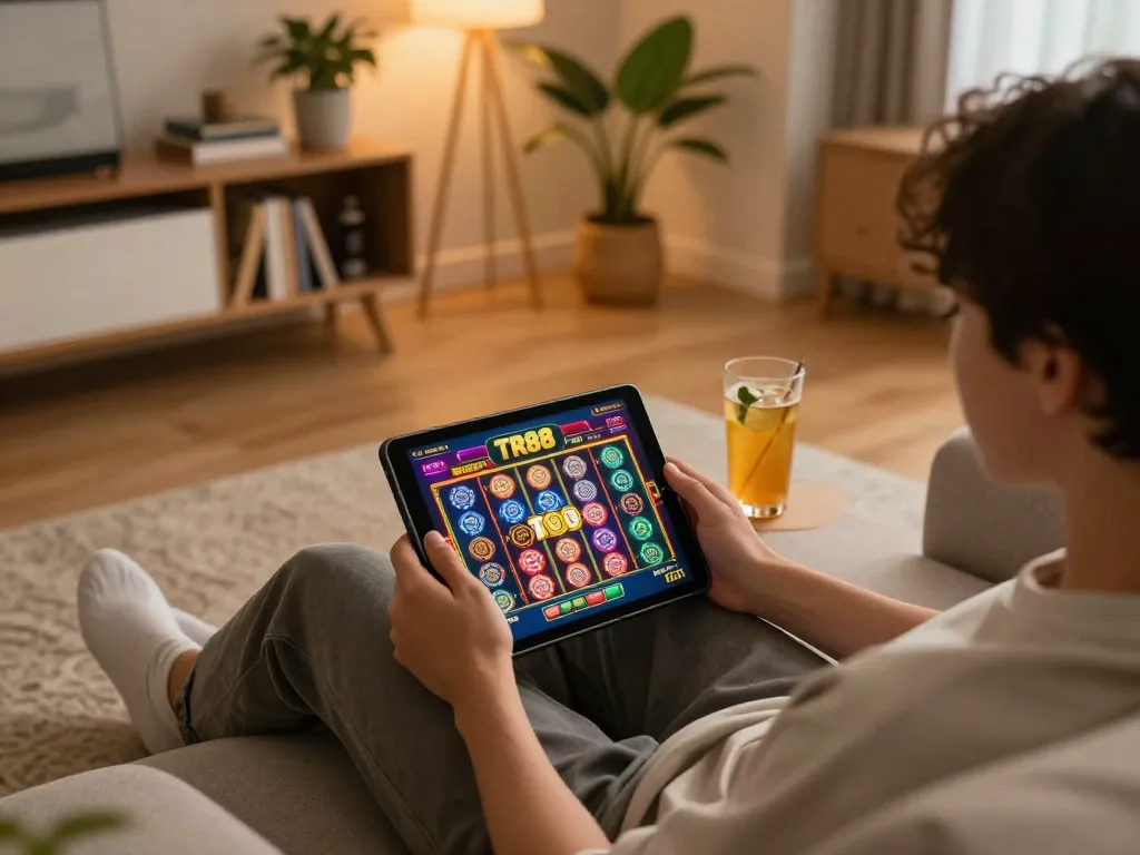 Engaging in TR88 game on a tablet, showcasing vibrant slot graphics in cozy home setting