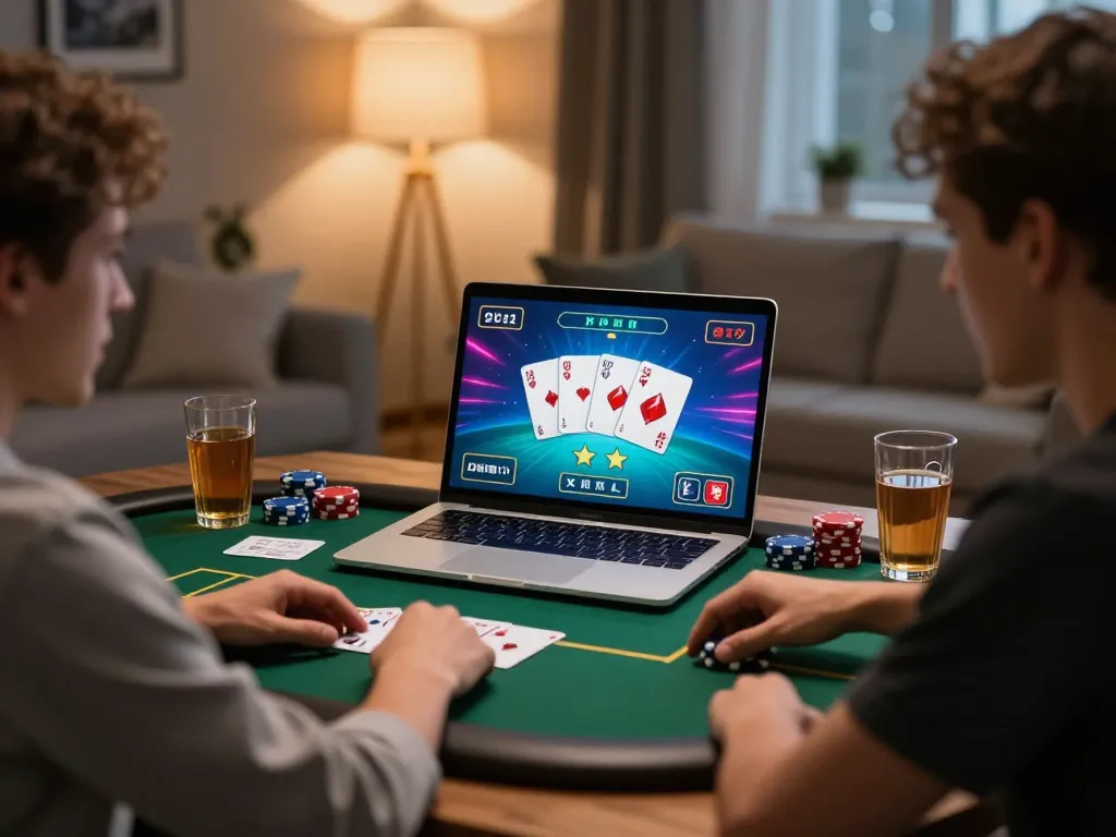 Engaging in a Zowin online poker game from home, showcasing a vibrant gaming atmosphere.