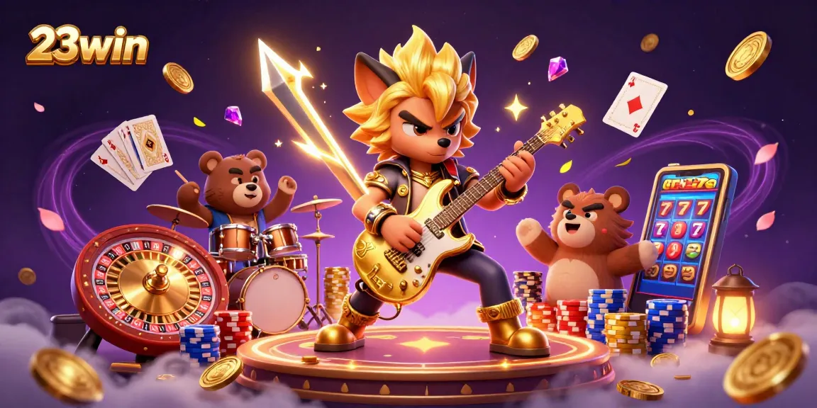 Join 23win's exciting online casino scene with vibrant gaming elements and energetic characters.