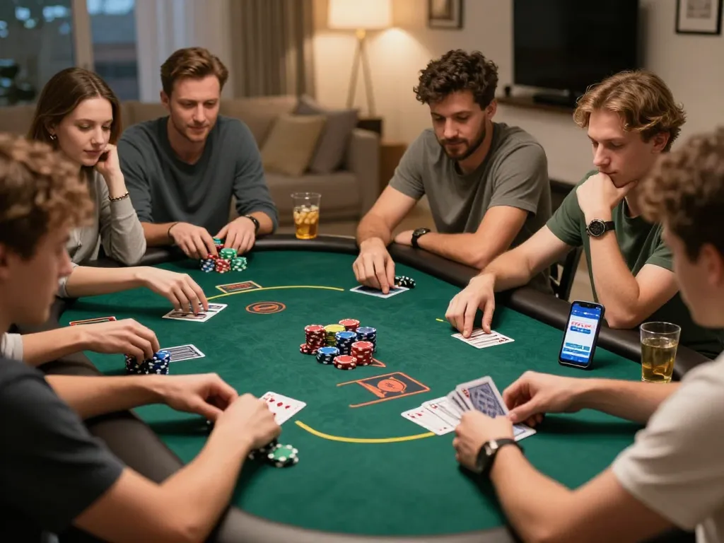 Players enjoying a casual poker night at home with the 1GOM app visible, chips and cards creating an engaging scene.