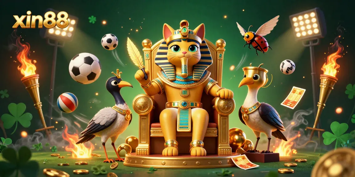 Engage with xin88's exciting online casino adventures featuring cartoon pharaoh cat and dynamic sports elements.