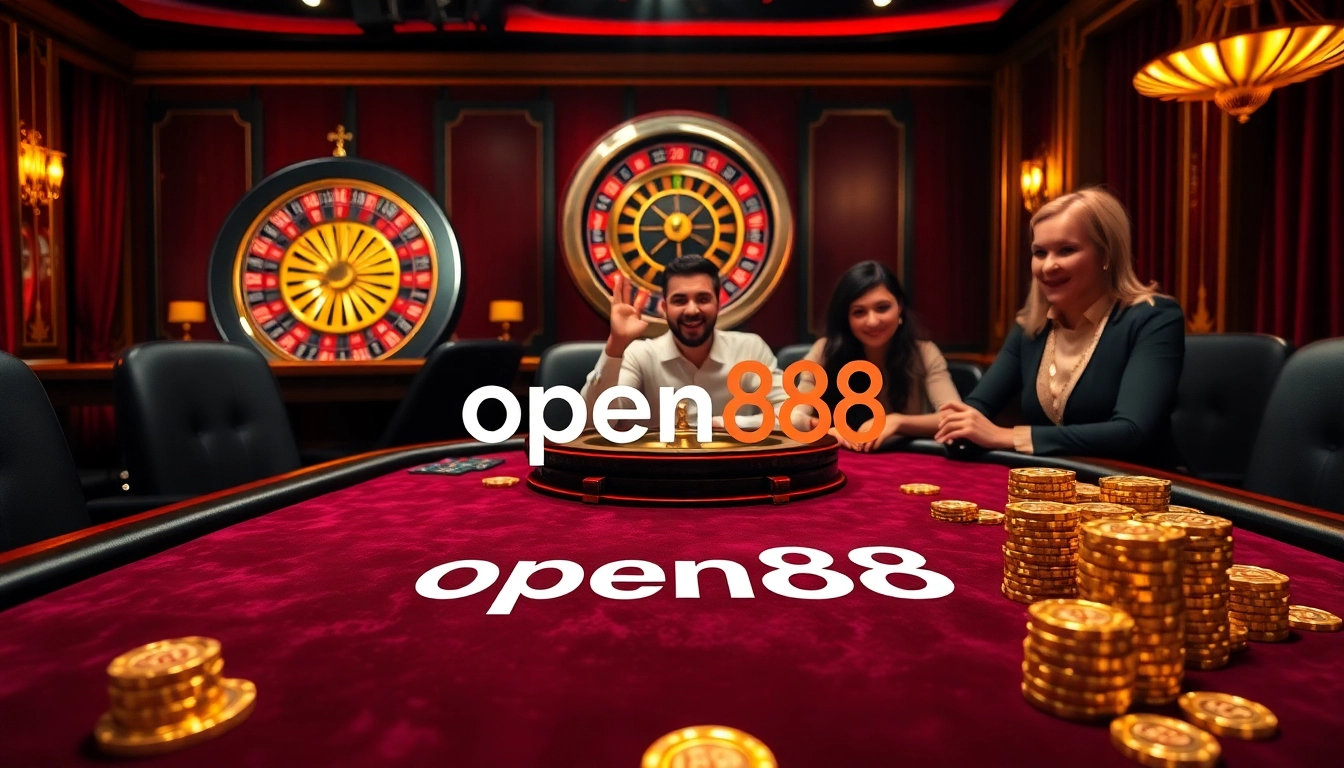 Experience thrilling gaming at open88, featuring casino tables with vibrant poker chips and roulette excitement.