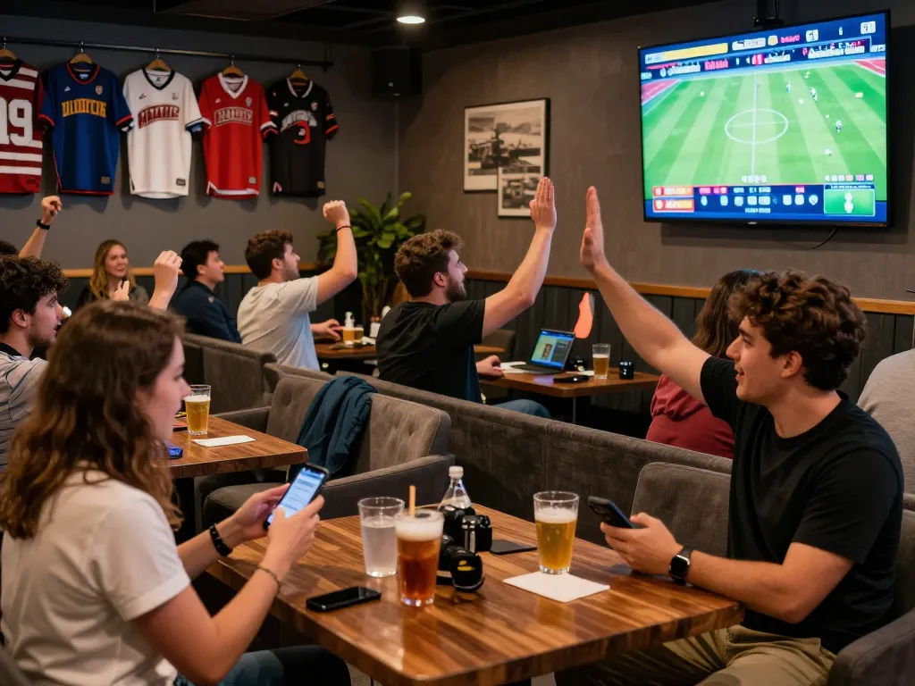 Engaged fans using https://go8.agency/ for live sports betting in a vibrant lounge.