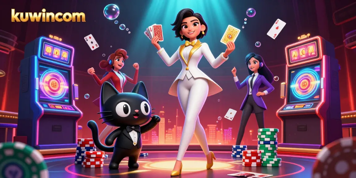 Kuwincom shuffles golden cards while a stylish cat joins in, surrounded by dynamic casino elements.