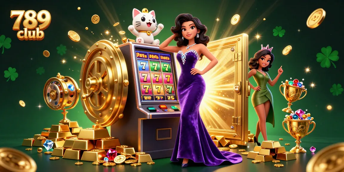 Play casino slots at 789 club with a winning woman next to a jackpot machine.