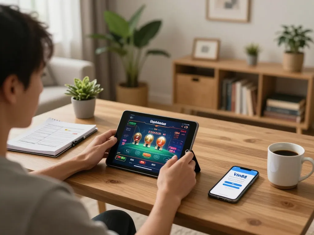 Login Vin88 on a tablet with a cozy home gaming setup, illustrating responsible online gambling.