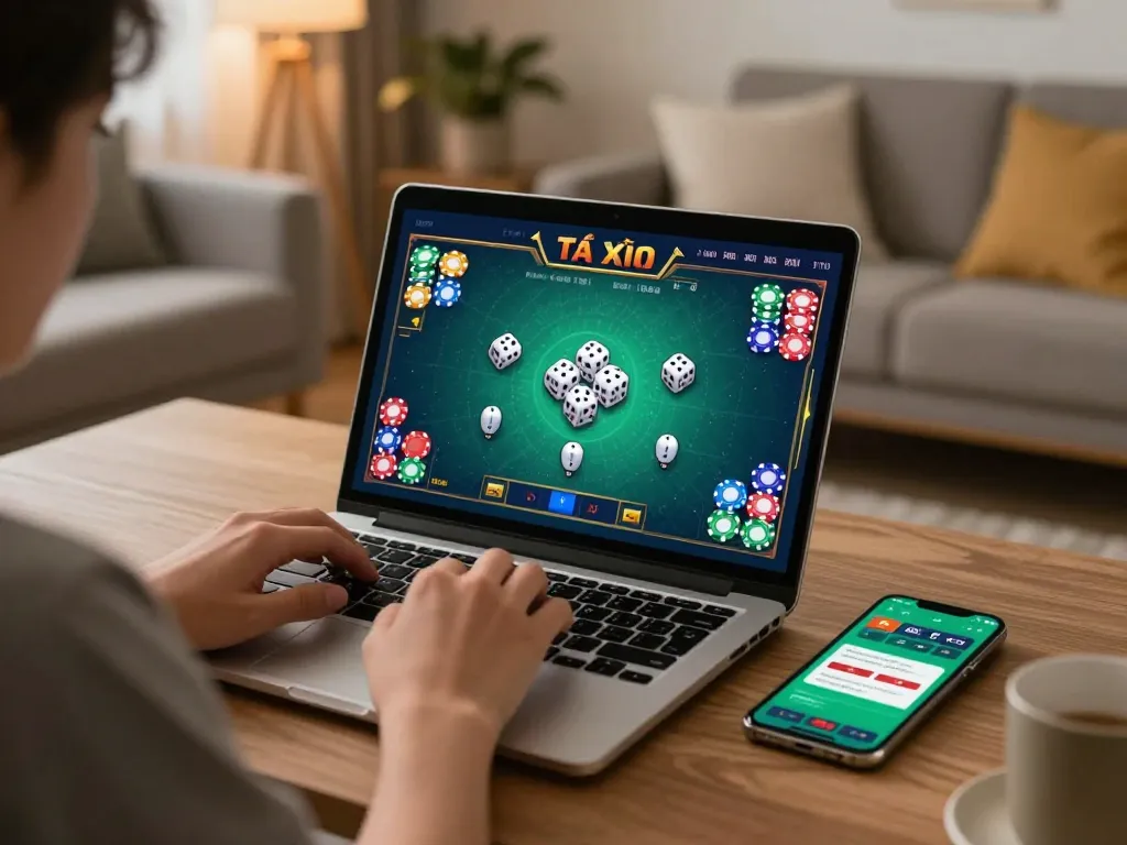 Player engaging with Tài Xỉu online at home using laptop, showcasing strategic gameplay elements for taixiuonline8.
