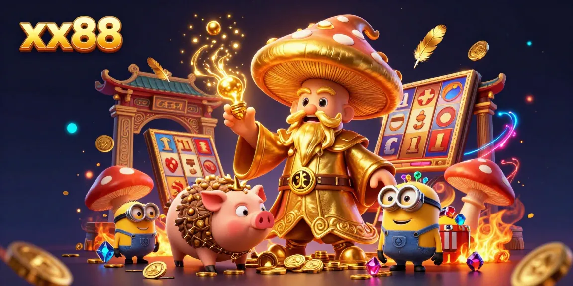 Experience the magic of xx88 with a golden mushroom wizard amidst a vibrant casino atmosphere.