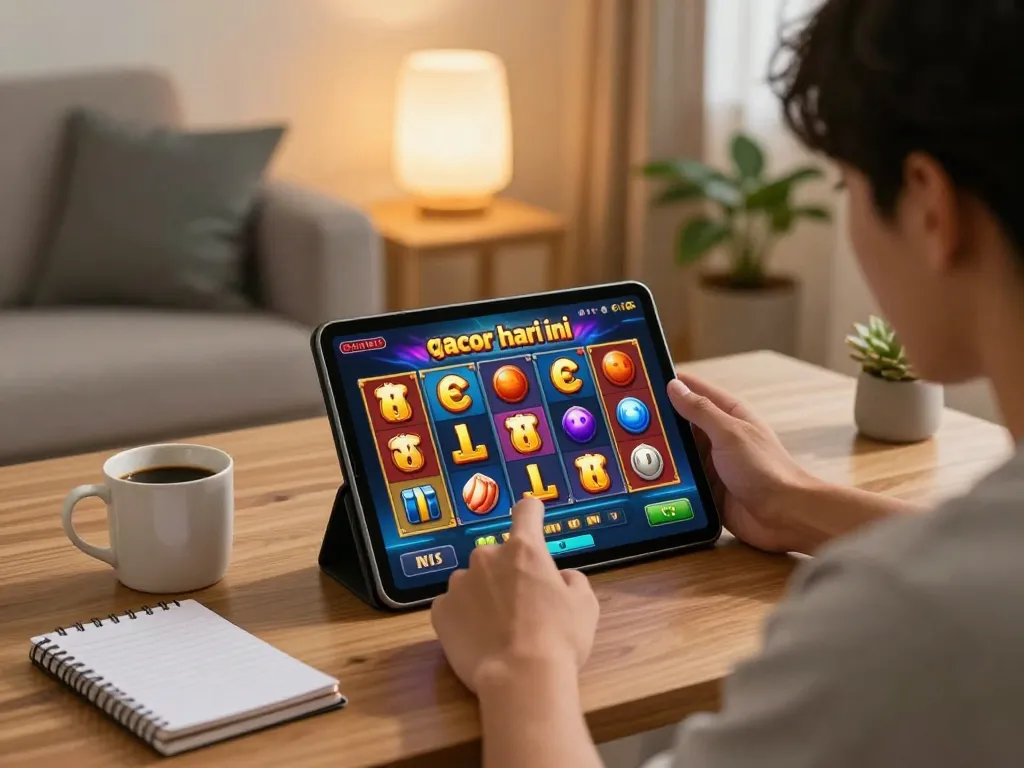 Pemain menang di slot gacor hari ini sambil menikmati permainan online di rumah.
