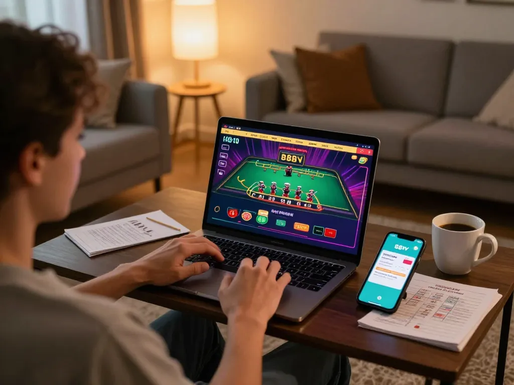 Person playing blackjack on 88vv online casino, showcasing live dealer interface and cozy home setup.