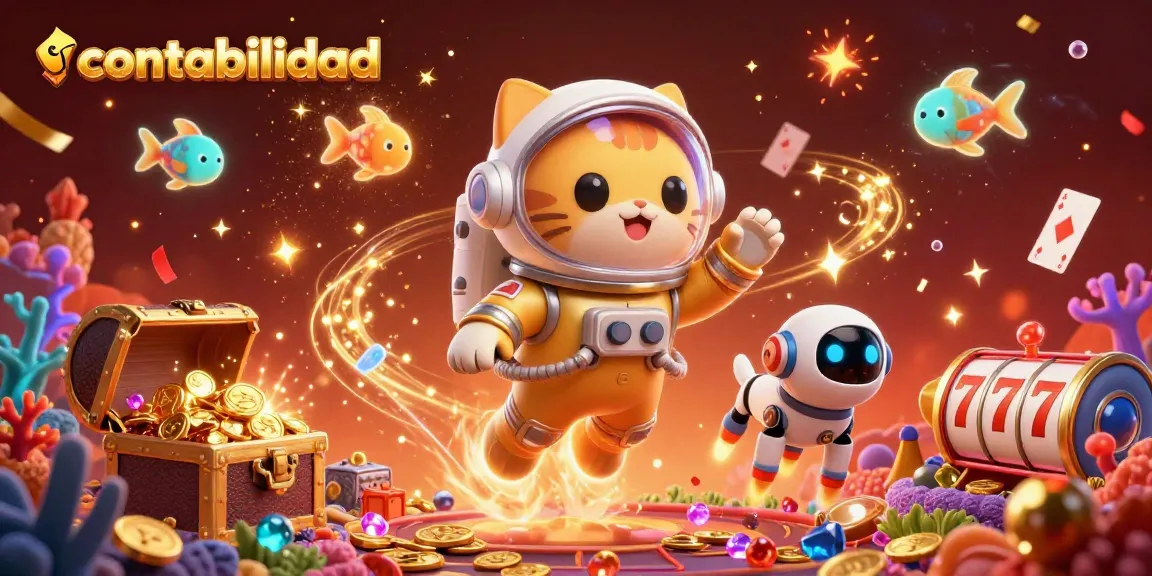 Experience contabilidad excitement with a vibrant 3D scene of a golden space suit astronaut and robot dog amidst slot gaming elements and cosmic treasures.