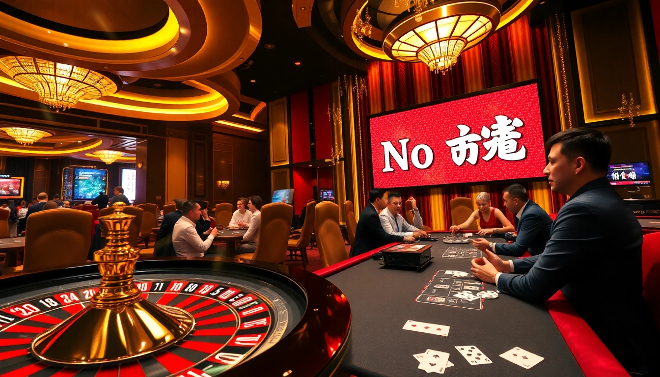 Players engaging in high-stakes poker with "No Hu" prominently displayed in a luxurious casino setting.
