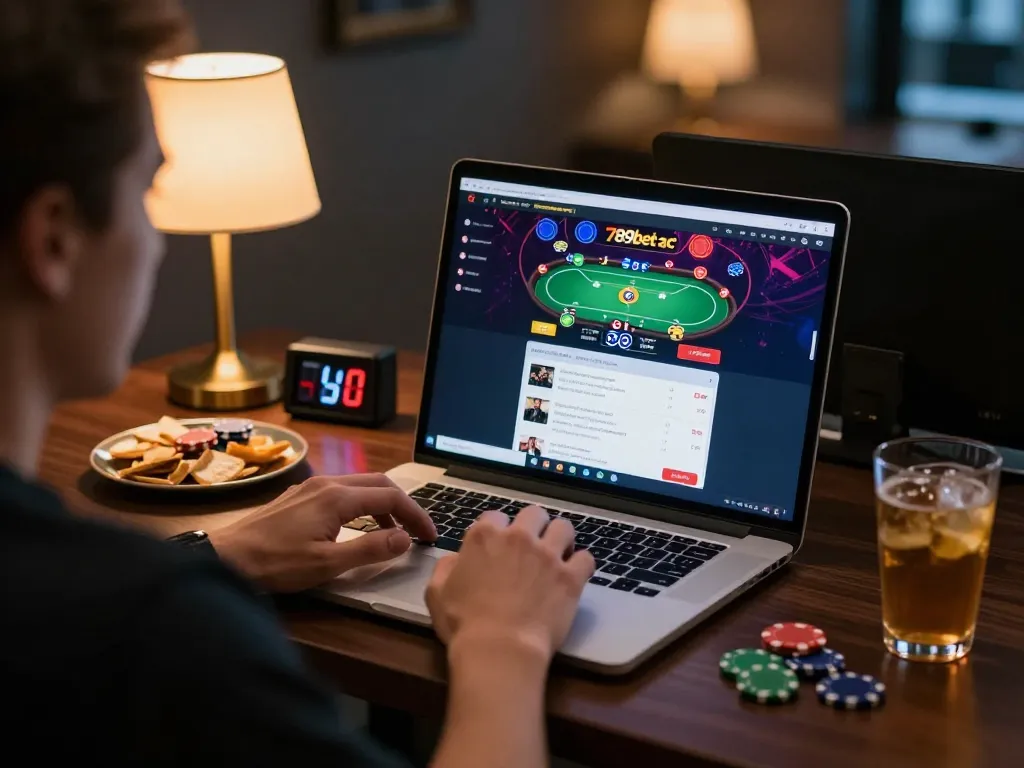 Engaging online gaming experience with 789bet ac displayed on laptop screen in a cozy, illuminated environment