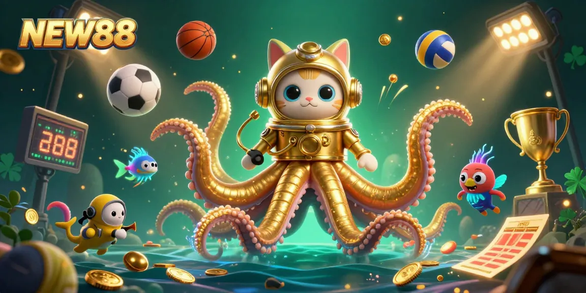 Experience thrilling gaming adventures with NEW88 amidst a dynamic 3D illustration featuring a kraken, diving cat, and sports elements.
