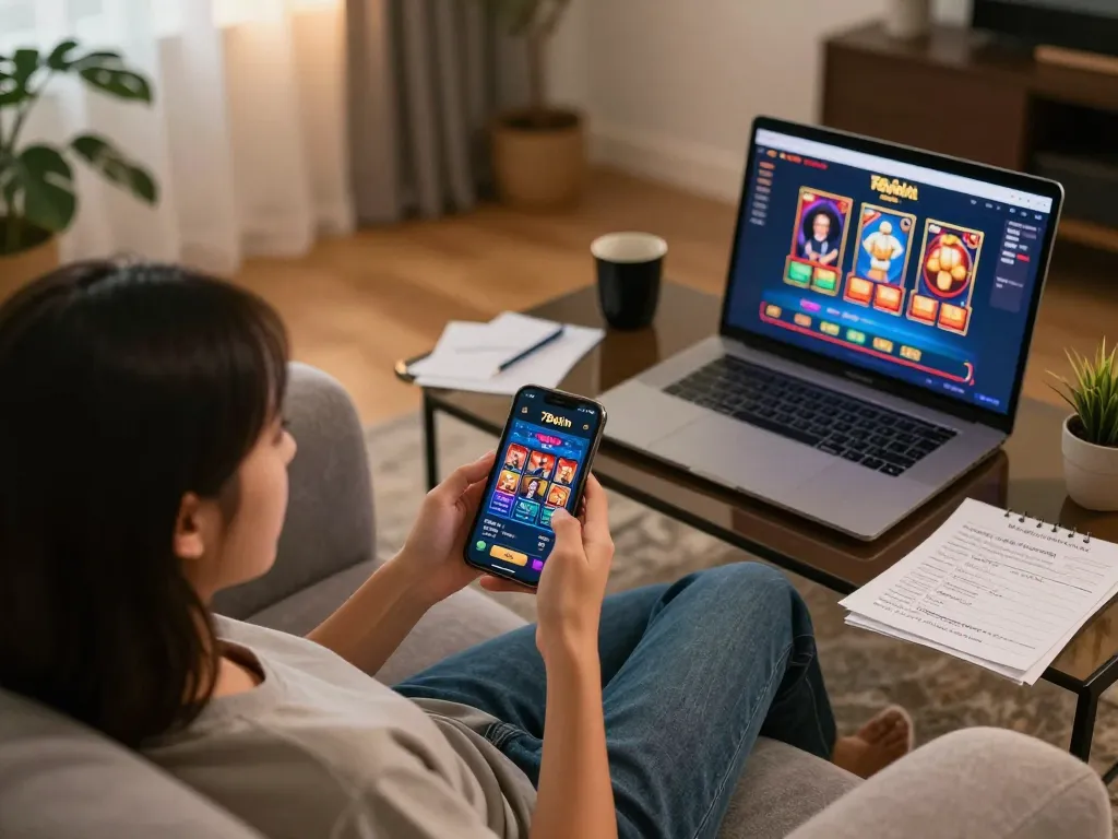 Engaging with the 78wim app, enjoying online casino gaming in a cozy home setting