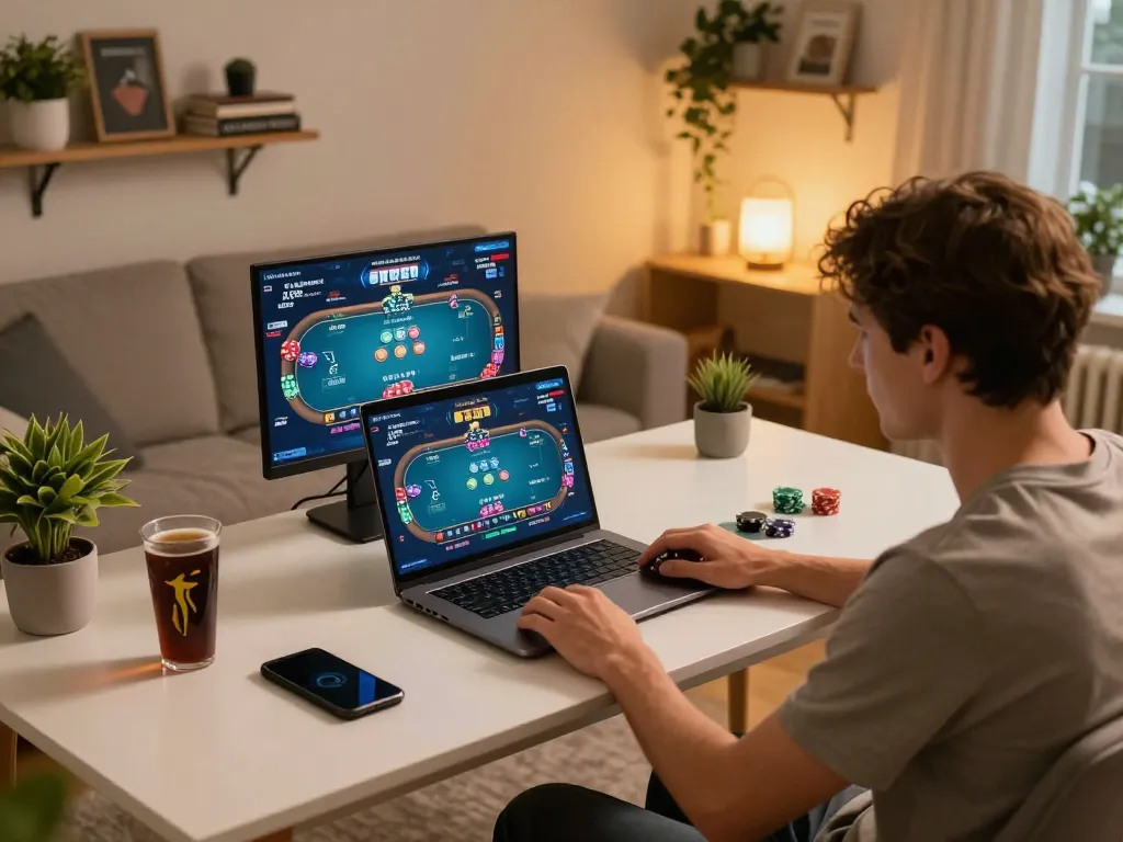 Player engaged in strategic online poker at sunwintop home gaming setup with laptop and smartphone.