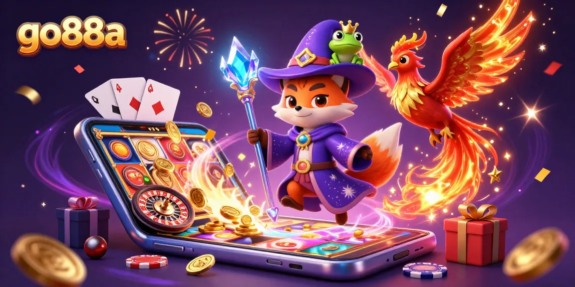 Spin the reels with go88a at this vibrant casino-themed 3D illustration featuring magical characters.