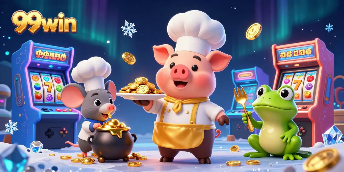 99win chef pig presenting gold coins in a vibrant online casino scene, celebrating gaming excitement.