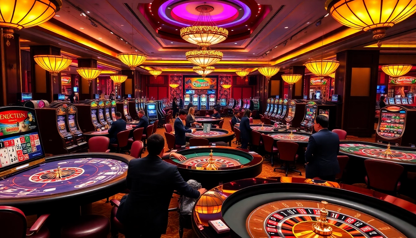 Engaging scene depicting professional gambling at nhà cái uy tín OK8386 casino, showcasing vibrant games and players.