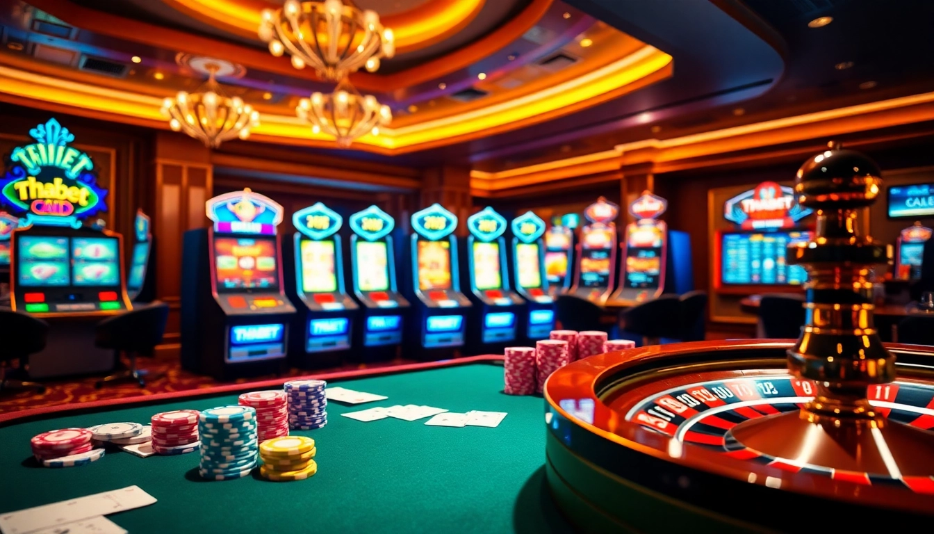 Experience the thrill of đăng nhập thabet at a luxurious casino with vibrant gaming tables and winning moments.