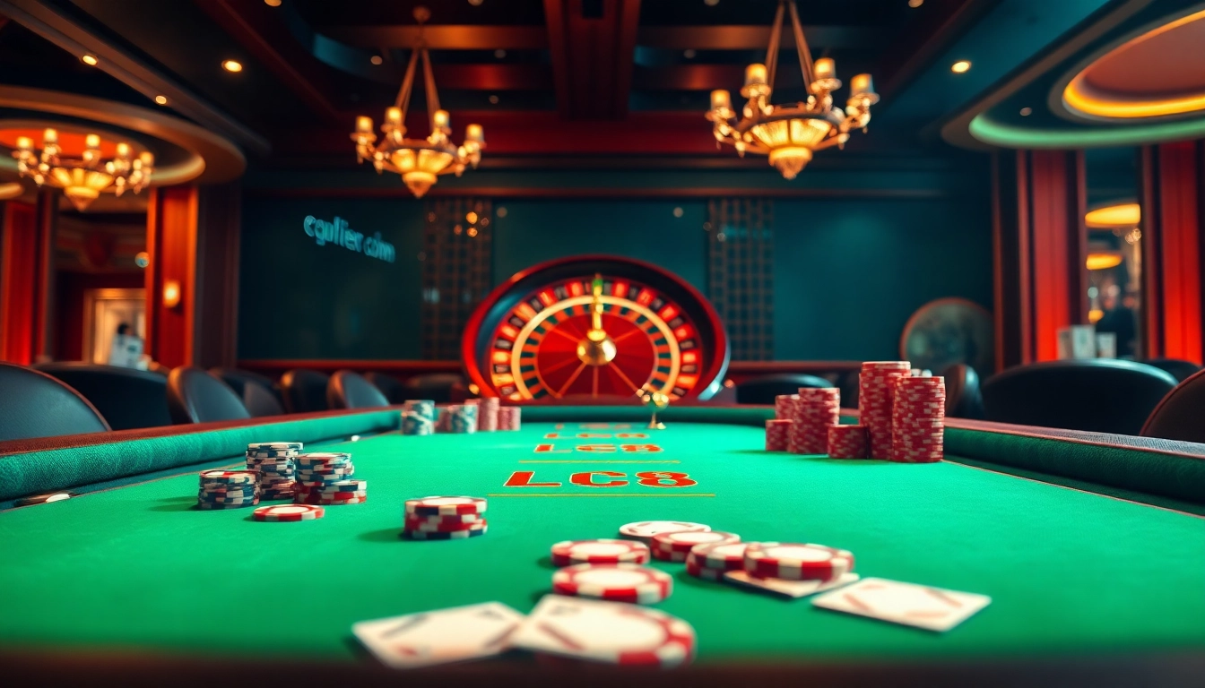 LC88 themed vibrant casino scene with poker chips, cards, and a roulette wheel.