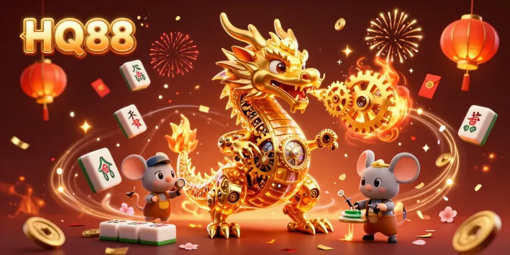 Engage with HQ88's thrilling 3D casino world showcasing a golden dragon, festive decorations, and vibrant gaming elements.