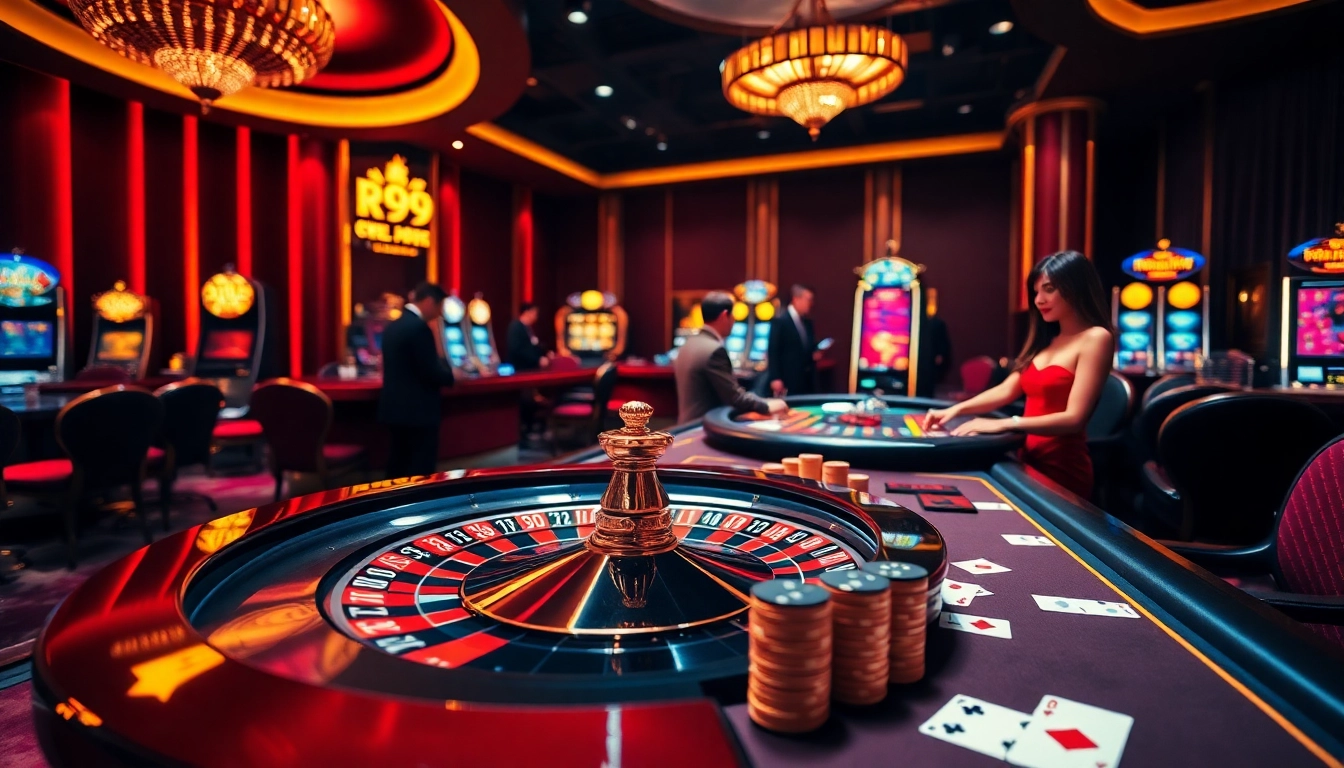 Experience thrilling gameplay at RR99 casino with vibrant tables, poker chips, and roulette excitement.