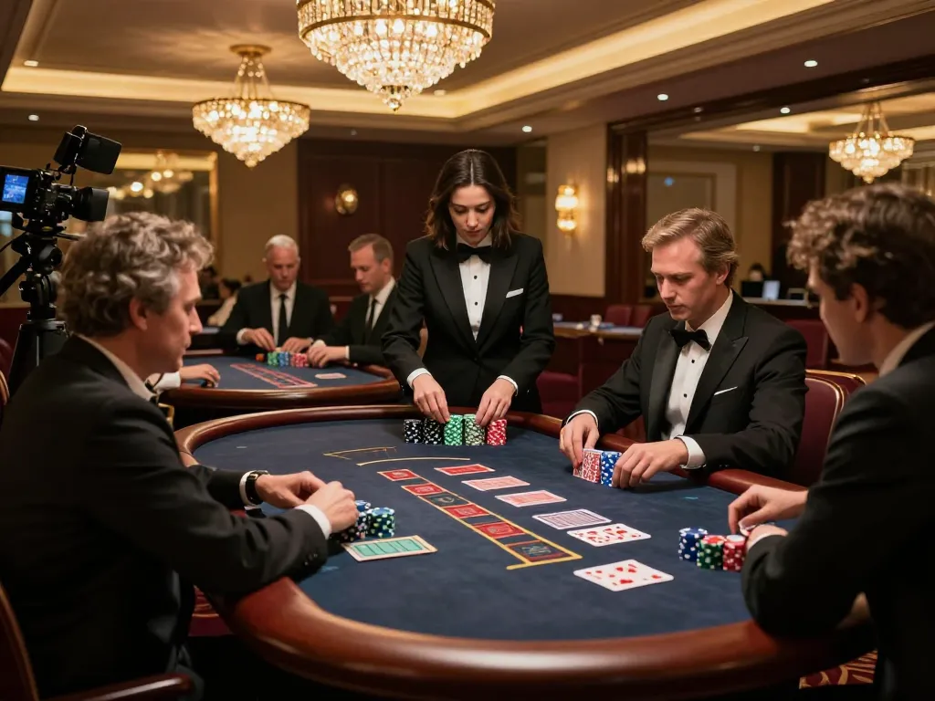 Exciting gameplay at king88 com blackjack table, players engaged with cards and dealer in upscale casino setting.
