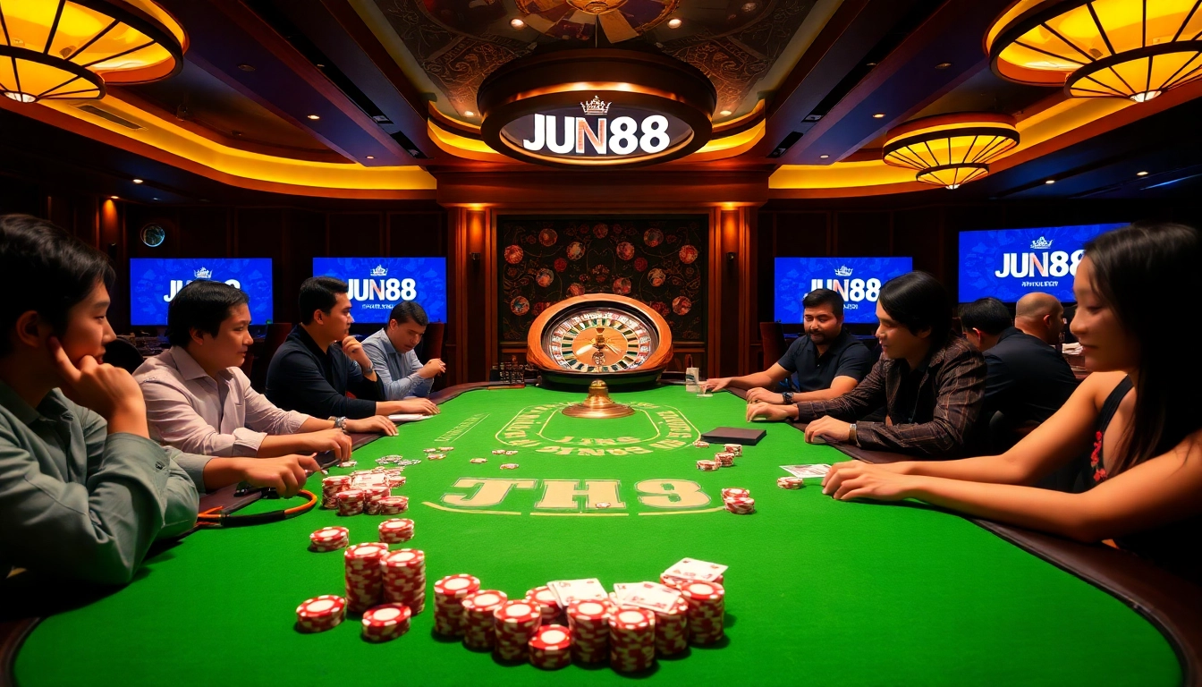 Players engaging at a JUN88 poker table, showcasing excitement and luxury in gambling.