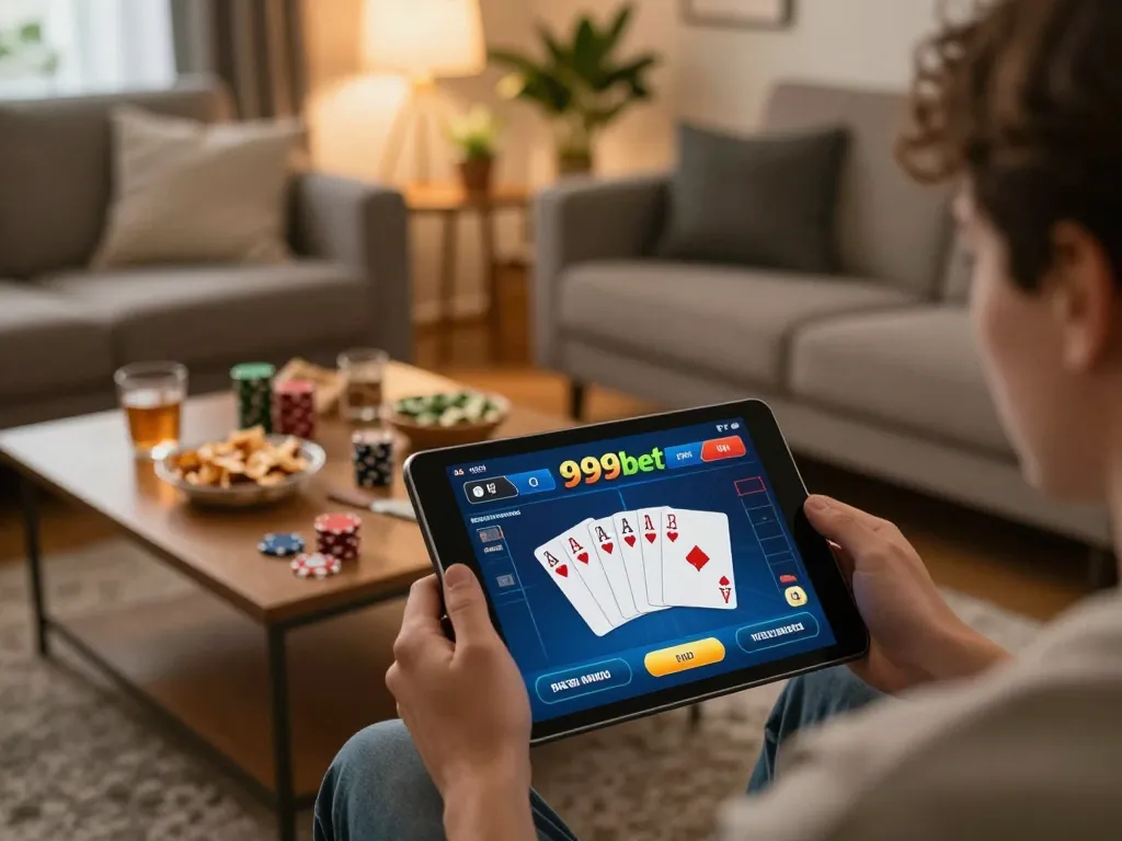 Person engaging with the 999bet app on a tablet in a cozy home setting while enjoying online gaming.