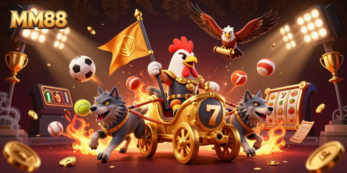 Experience MM88's vibrant casino action with a rooster warlord amidst dynamic gaming elements and sports flair.
