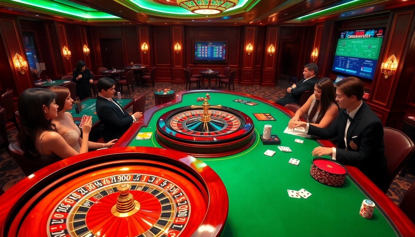Players engage at a luxurious OPEN88-themed poker table in a vibrant casino.