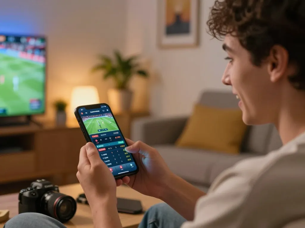 Engaging sports betting moment on mobile app while relaxing at home, f8betz platform shown on phone screen.