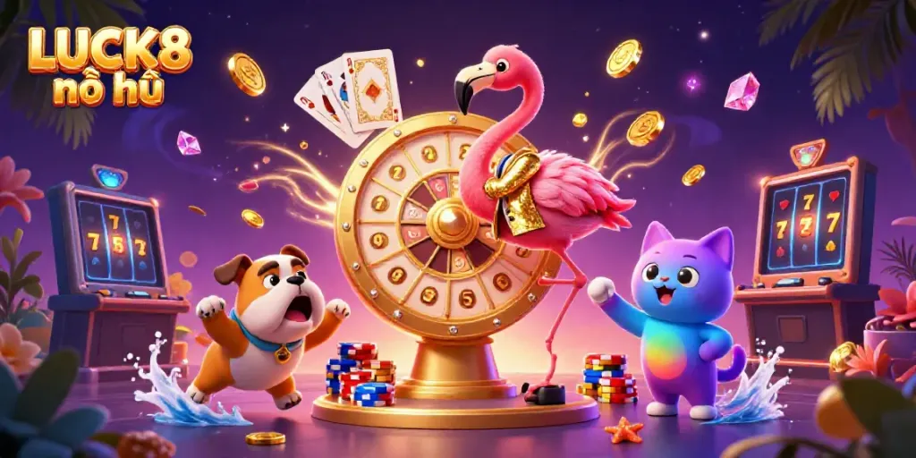 Experience the excitement of LUCK8 nổ hũ with lively characters, jackpots, coins, and vibrant visuals.