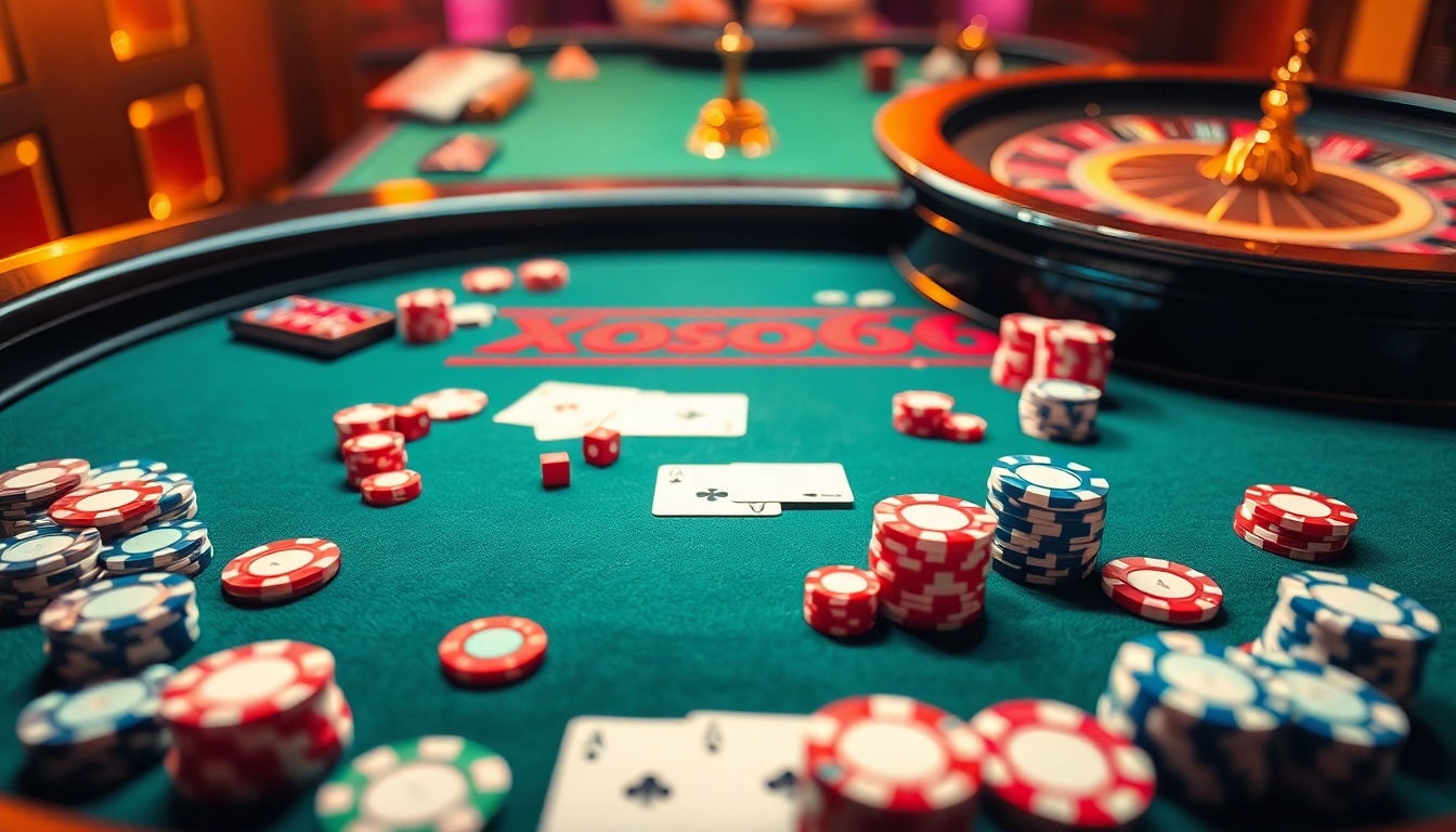A dynamic casino scene featuring Xoso66 gaming elements with poker chips, cards, and a roulette wheel.