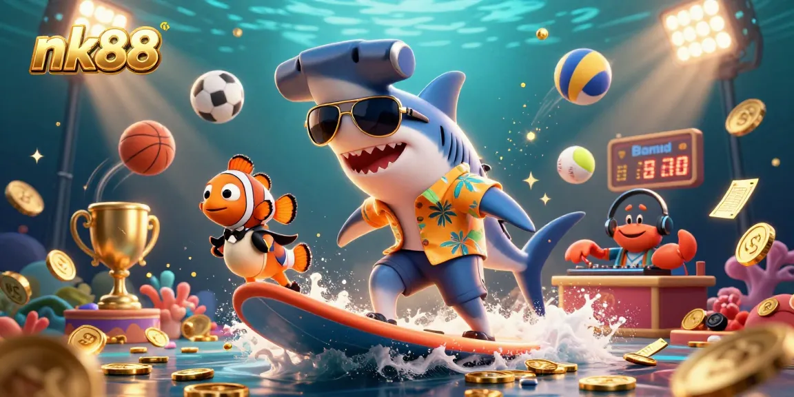Experience thrilling gameplay with nk88 in a vibrant underwater casino scene featuring a shark and playful characters.